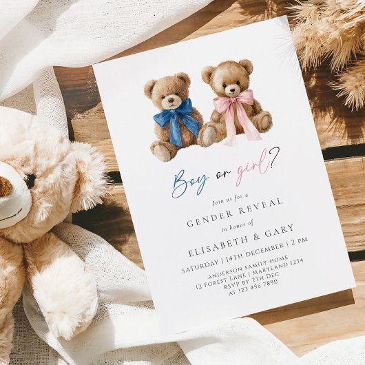 Pink & Blue Bows Bear Gender Reveal Invitation 招待状