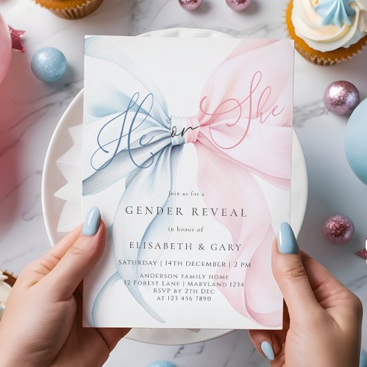 Pink & Blue Bows Gender Reveal Invitation 招待状