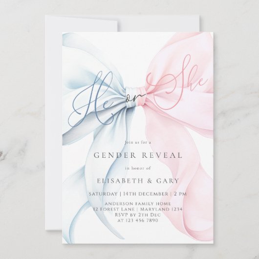 Pink & Blue Bows Gender Reveal Invitation 招待状 (正面)