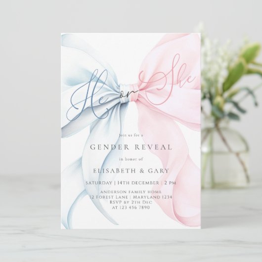 Pink & Blue Bows Gender Reveal Invitation 招待状 (スタンド正面)