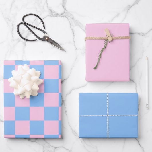 Pink Blue Checkerboard Baby Shower Mod ラッピングペーパーシート (正面)
