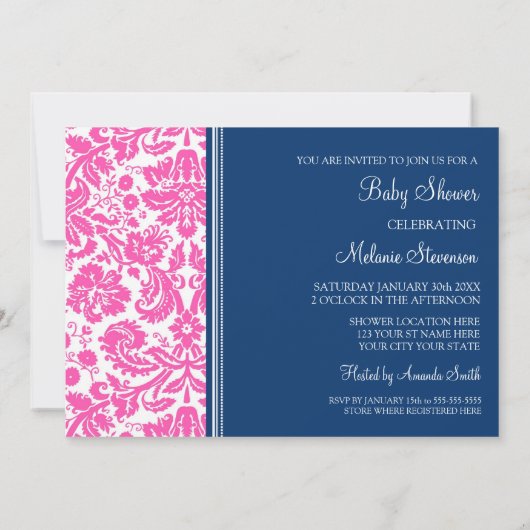 Pink Blue Damask Custom Baby Shower Invitations 招待状 (裏面)