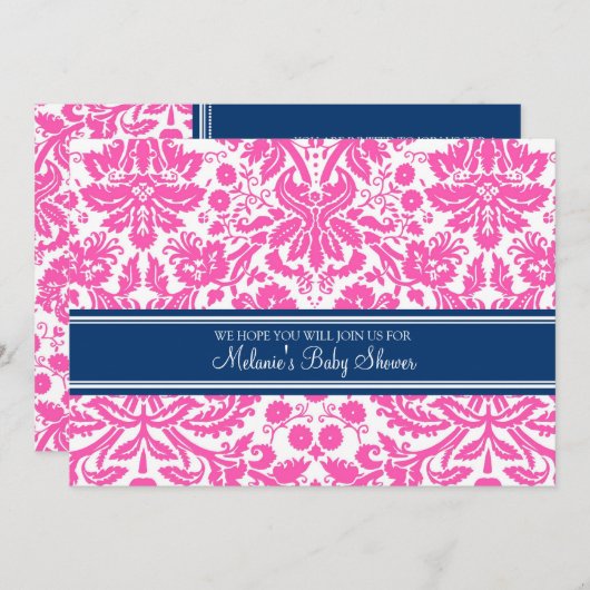 Pink Blue Damask Custom Baby Shower Invitations 招待状 (正面/裏面)