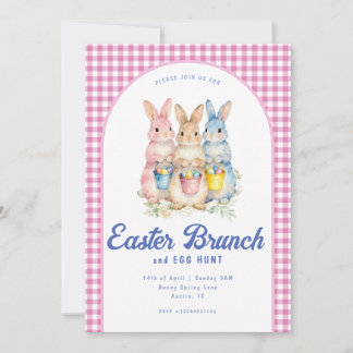 Pink Blue Floral Bunny Watercolor Gingham Easter 招待状