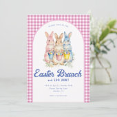 Pink Blue Floral Bunny Watercolor Gingham Easter 招待状 (スタンド正面)
