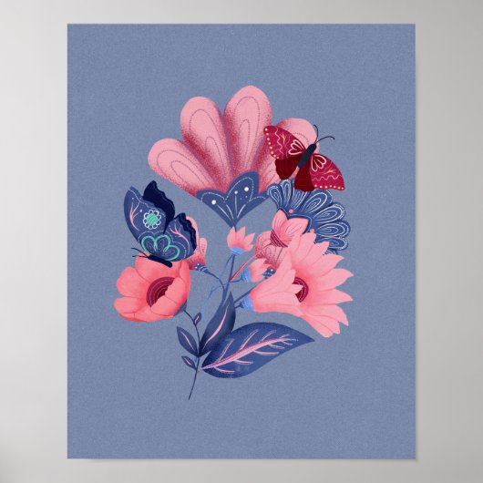 Pink Blue Floral Butterflies Folk Art ポスター (正面)