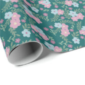 Pink & Blue Floral Pattern on Teal – Modern ラッピングペーパー (ロールコーナー)