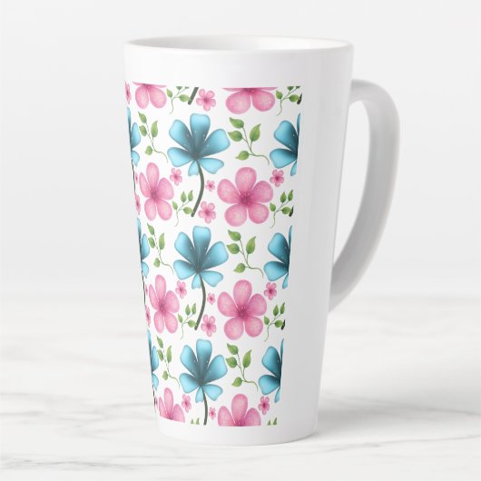 Pink & Blue Floral Seamless Pattern カフェラテマグ (右アングル)