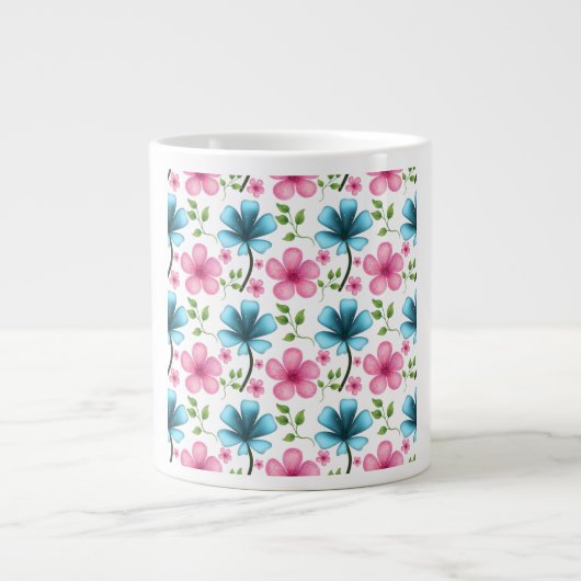 Pink & Blue Floral Seamless Pattern ジャンボコーヒーマグカップ (正面)