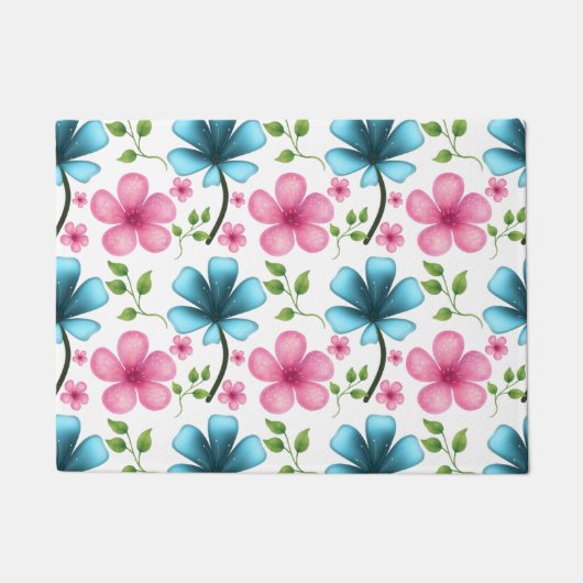 Pink & Blue Floral Seamless Pattern ドアマット (正面)