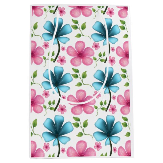 Pink & Blue Floral Seamless Pattern ミディアムペーパーバッグ (正面)