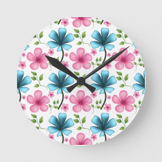 Pink & Blue Floral Seamless Pattern ラウンド壁時計 (正面)