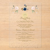 Pink Blue Floral Triplets First Holy Communion アクリル招待状 (正面)
