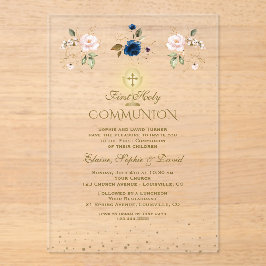 Pink Blue Floral Triplets First Holy Communion アクリル招待状