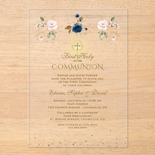 Pink Blue Floral Triplets First Holy Communion アクリル招待状 (正面)