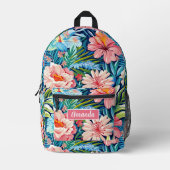 Pink Blue Flowers Back to School Botanical Pattern プリントバックパック (正面)