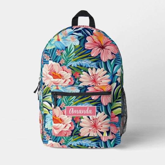 Pink Blue Flowers Back to School Botanical Pattern プリントバックパック (正面)