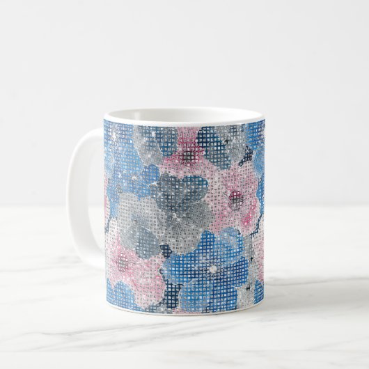 Pink Blue Flowers Sparkle コーヒーマグカップ (正面左)