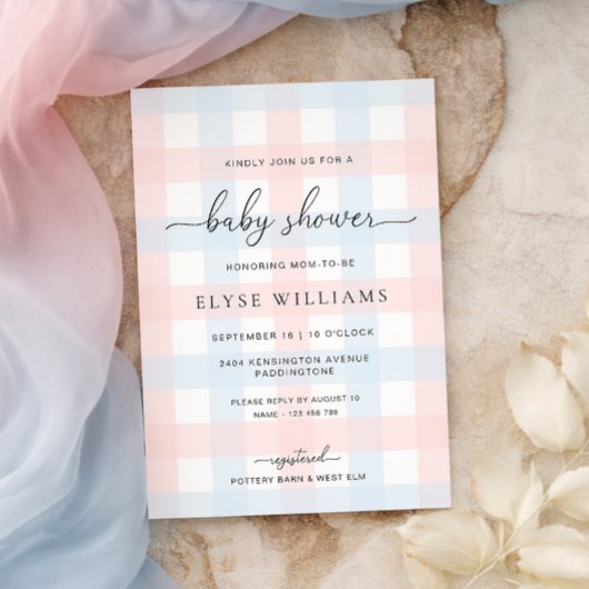 Pink Blue Gingham Baby Shower Invitation 招待状