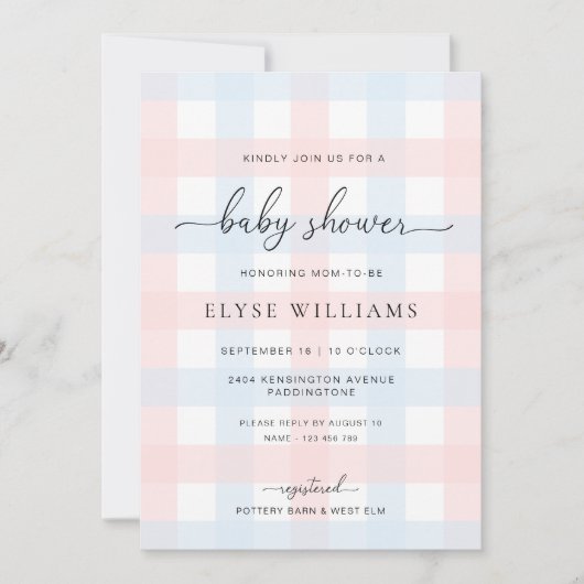 Pink Blue Gingham Baby Shower Invitation 招待状 (正面)