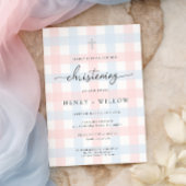 Pink Blue Gingham Christening 招待状