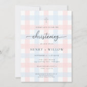 Pink Blue Gingham Christening 招待状 (正面)