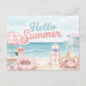 Pink Blue Gingham Hello Summer Beach Coastal ポストカード (正面)