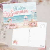 Pink Blue Gingham Hello Summer Beach Coastal ポストカード