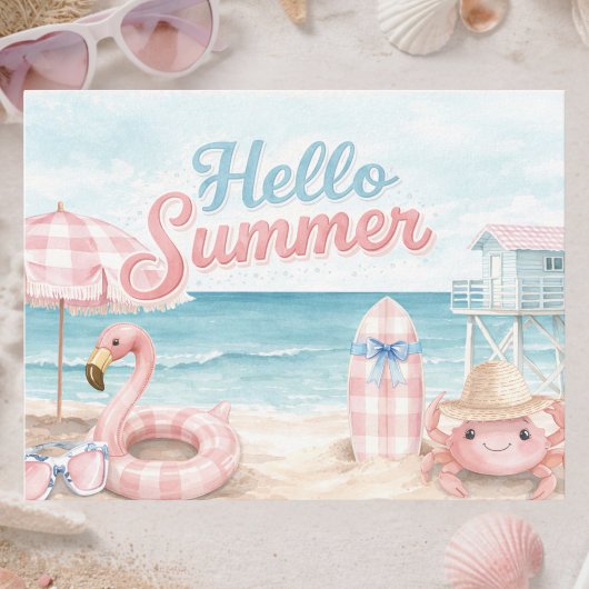 Pink Blue Gingham Hello Summer Beach Coastal ポストカード