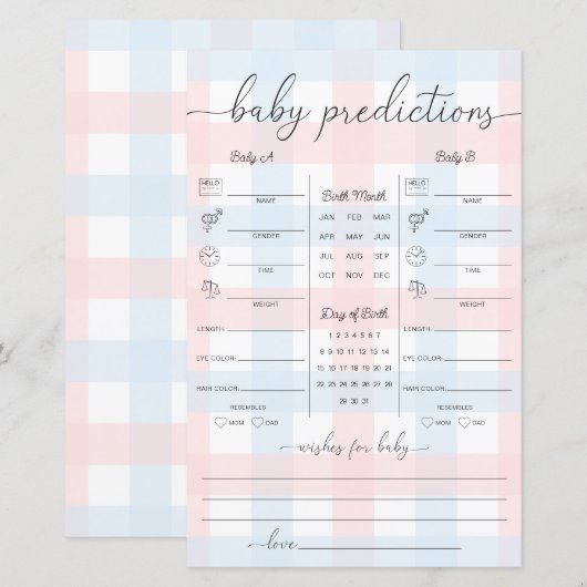 Pink Blue Gingham Twins Baby Predictions Game (正面/裏面)