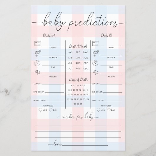 Pink Blue Gingham Twins Baby Predictions Game (正面)