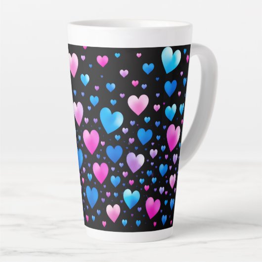 Pink & Blue Glowing Hearts カフェラテマグ (右アングル)