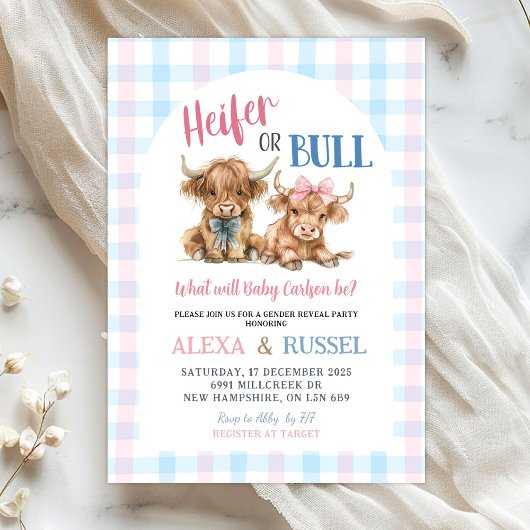 Pink Blue Heifer Bull Gender Reveal Invitation 招待状