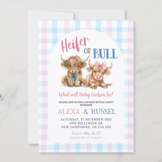 Pink Blue Heifer Bull Gender Reveal Invitation 招待状 (正面)