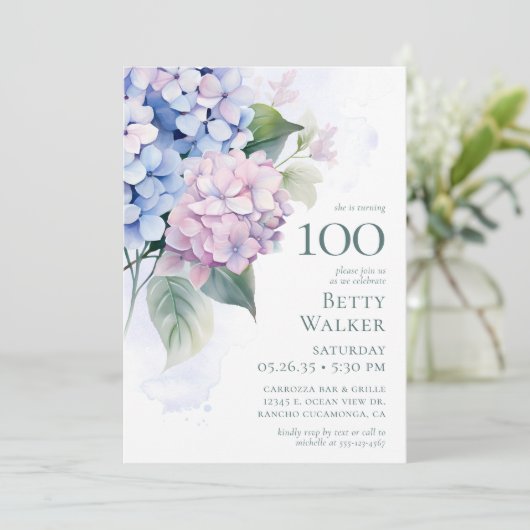  Pink Blue Hydrangeas 100th Birthday Card Request  招待状 (スタンド正面)
