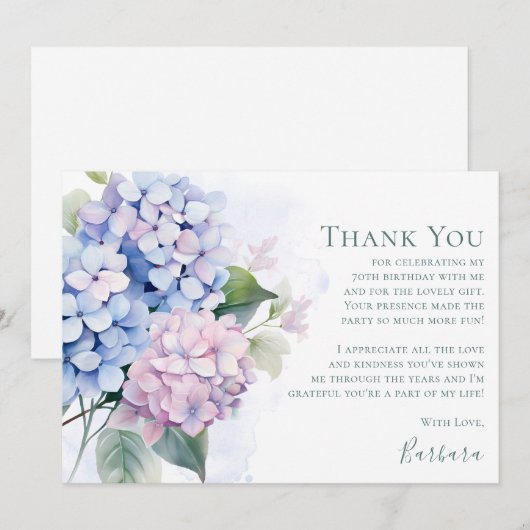 Pink Blue Hydrangeas 70th Birthday  サンキューカード (正面/裏面)
