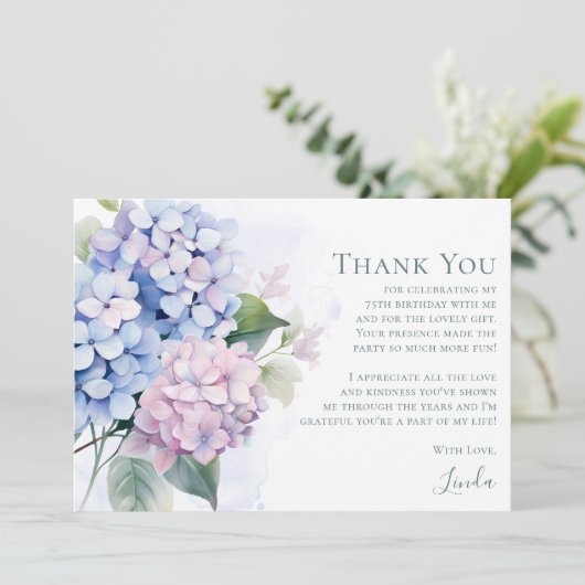 Pink Blue Hydrangeas 75th Birthday  サンキューカード (スタンド正面)