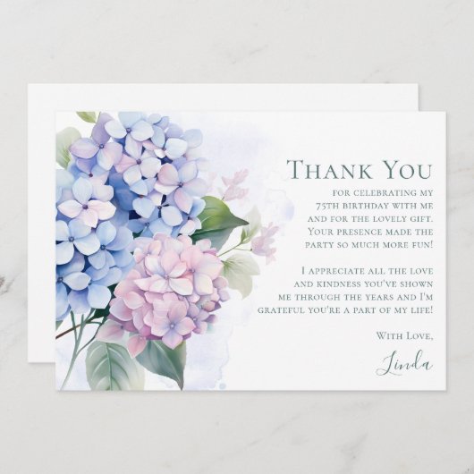 Pink Blue Hydrangeas 75th Birthday サンキューカード (正面/裏面)