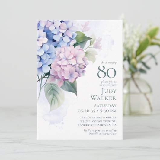  Pink Blue Hydrangeas 80th Birthday Card Request  招待状 (スタンド正面)