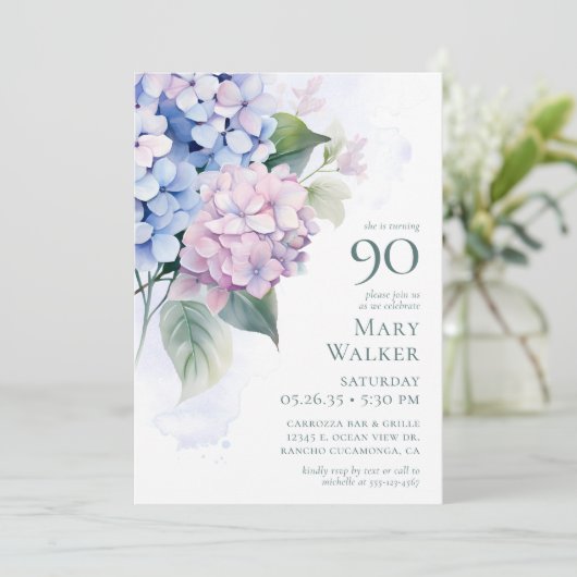  Pink Blue Hydrangeas 90th Birthday Card Request  招待状 (スタンド正面)