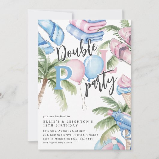 Pink & Blue Kids Birthday Double Pool Party  招待状 (正面)