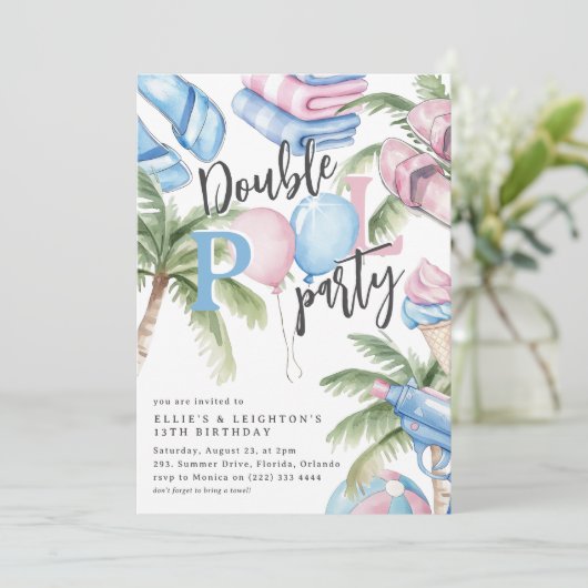 Pink & Blue Kids Birthday Double Pool Party  招待状 (スタンド正面)