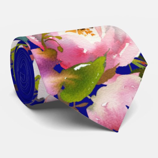 Pink Blue Navy floral wedding Neck Tie ネクタイ (ロール)