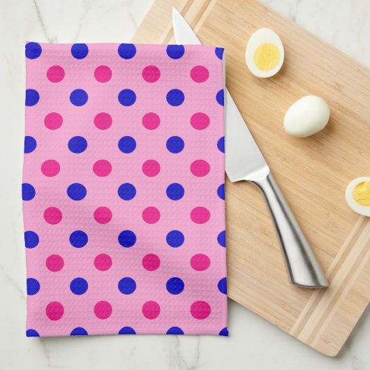 Pink Blue Pink Polka Dot Pattern キッチンタオル (四つ折り)
