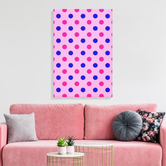 Pink Blue Pink Polka Dot Pattern キャンバスプリント (インサイチュ (リビング))