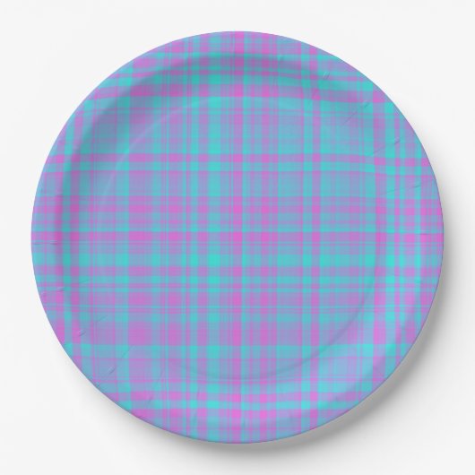 Pink Blue Purple Plaid Pattern ペーパープレート (正面)