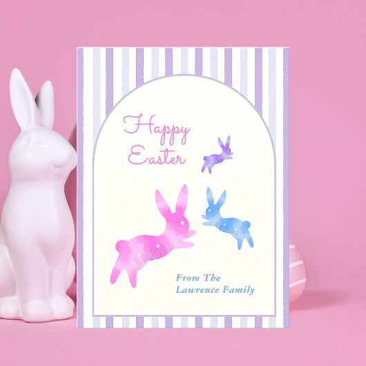 Pink Blue Purple Watercolor Cute Bunny Easter  シーズンポストカード