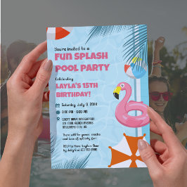 Pink & Blue Splash Pool Party Birthday Invitation 招待状