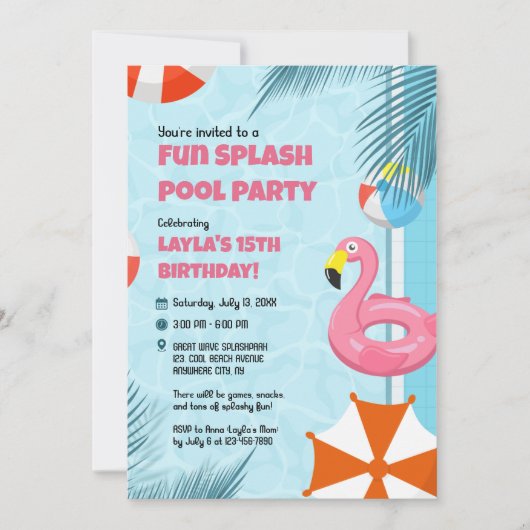 Pink & Blue Splash Pool Party Birthday Invitation 招待状 (正面)