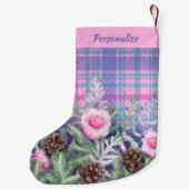 Pink Blue Tartan Roses Pinecones Personalized スモールクリスマスストッキング (裏面)